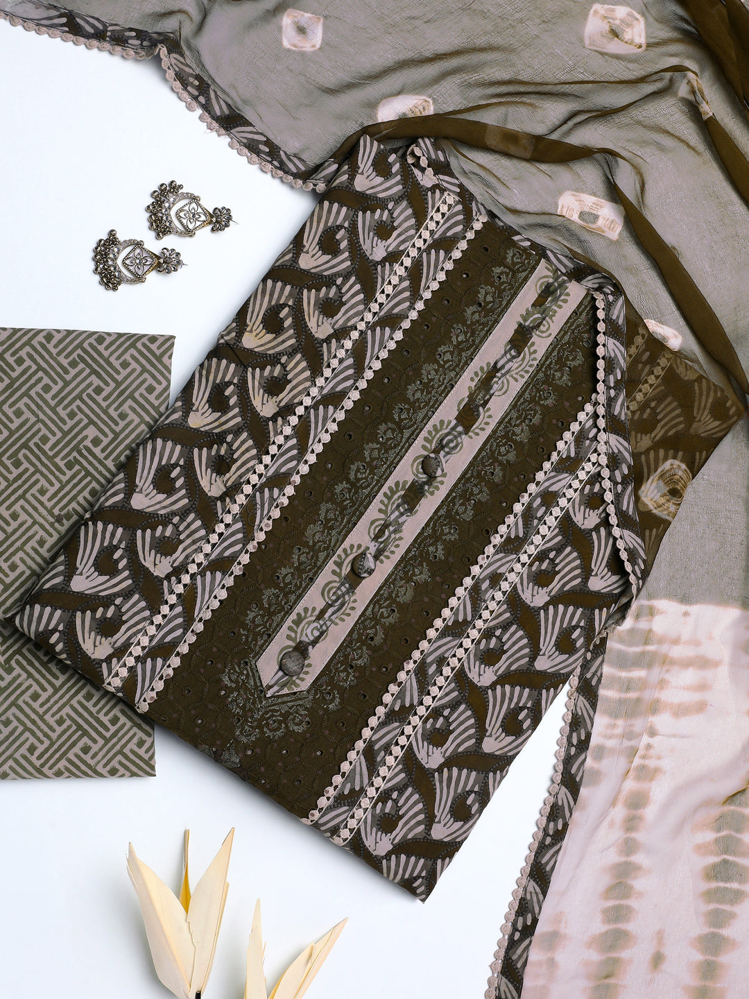 Brown Geometric Printed Cotton Dress Material With Dupatta