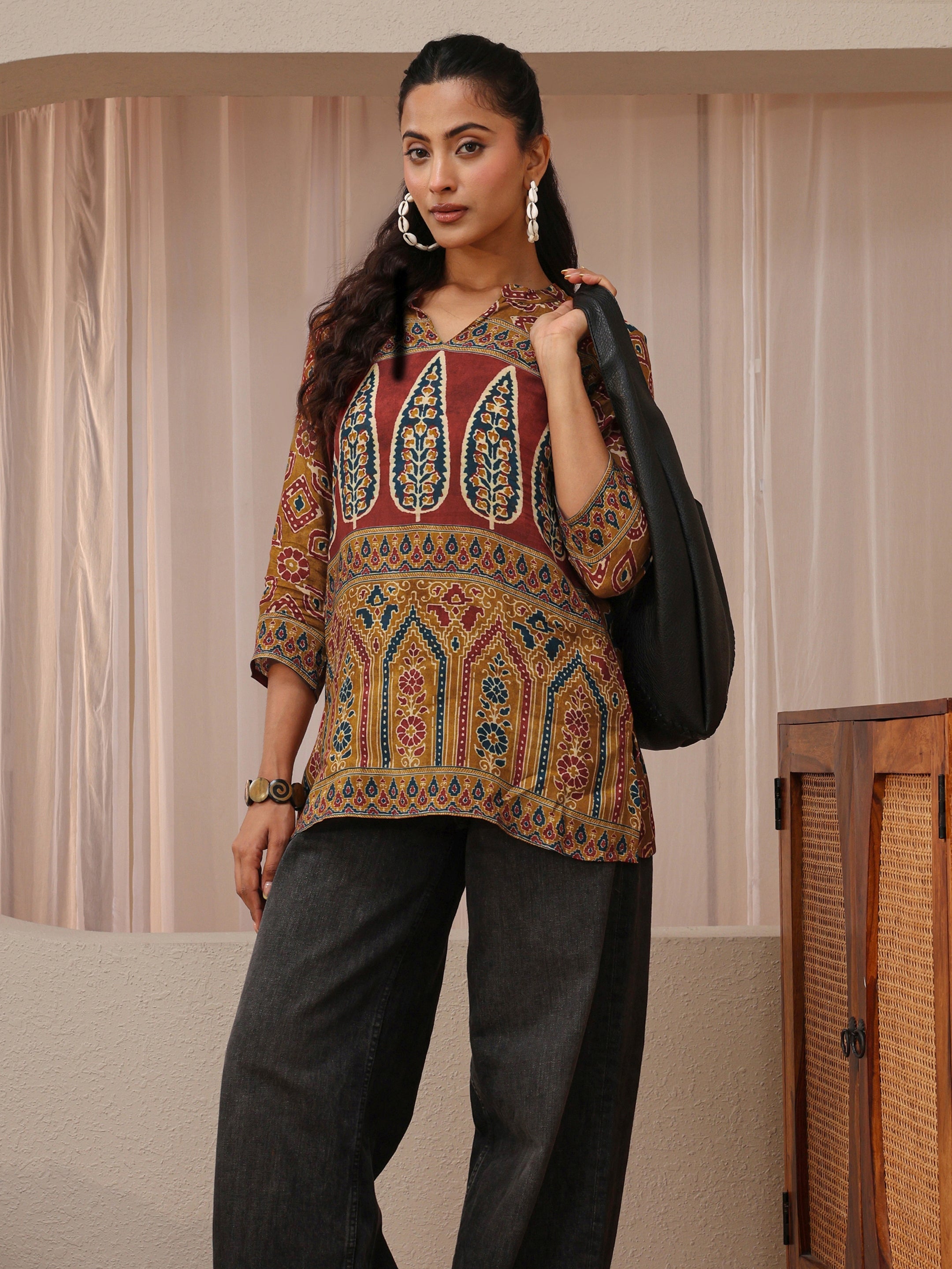 libas Brown Multi Printed Muslin Straight Short Kurti-picture-13