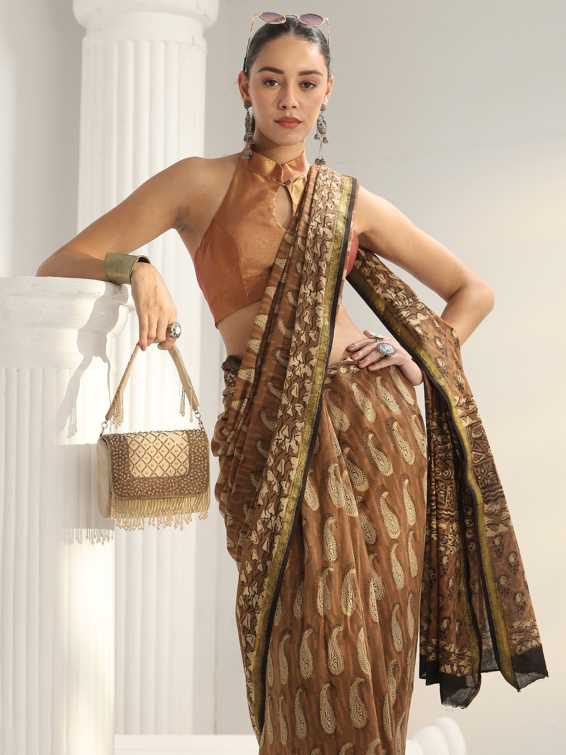 libas Brown Paisley Printed Cotton Saree-picture-49
