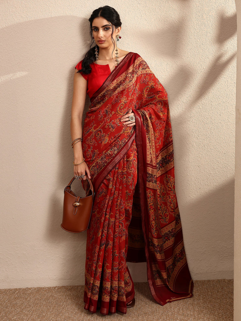Libas Brown Paisley Printed Silk Blend Saree With Unstitched Blouse Piece