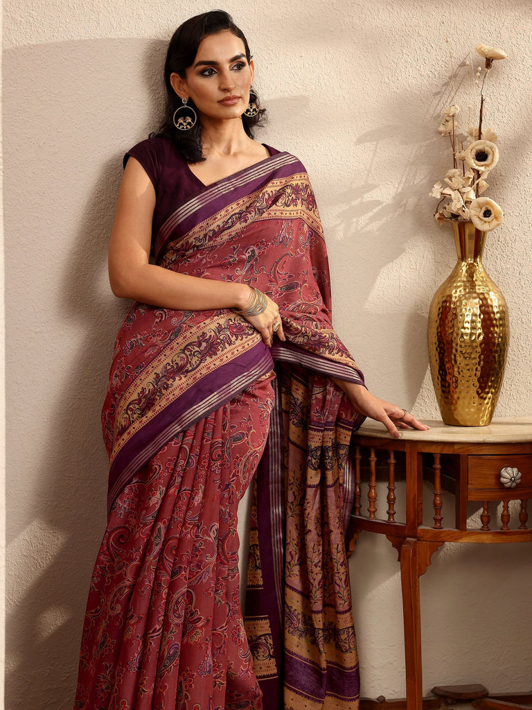 Libas Brown Paisley Printed Silk Blend Saree With Unstitched Blouse Piece