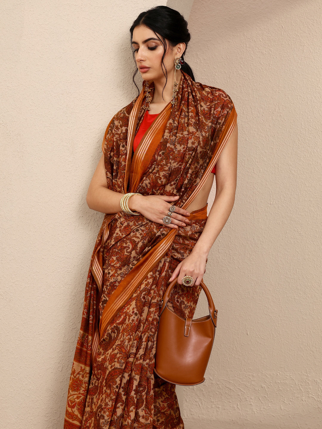  Brown Paisley Printed Silk Blend Saree With Unstitched Blouse Piece 
