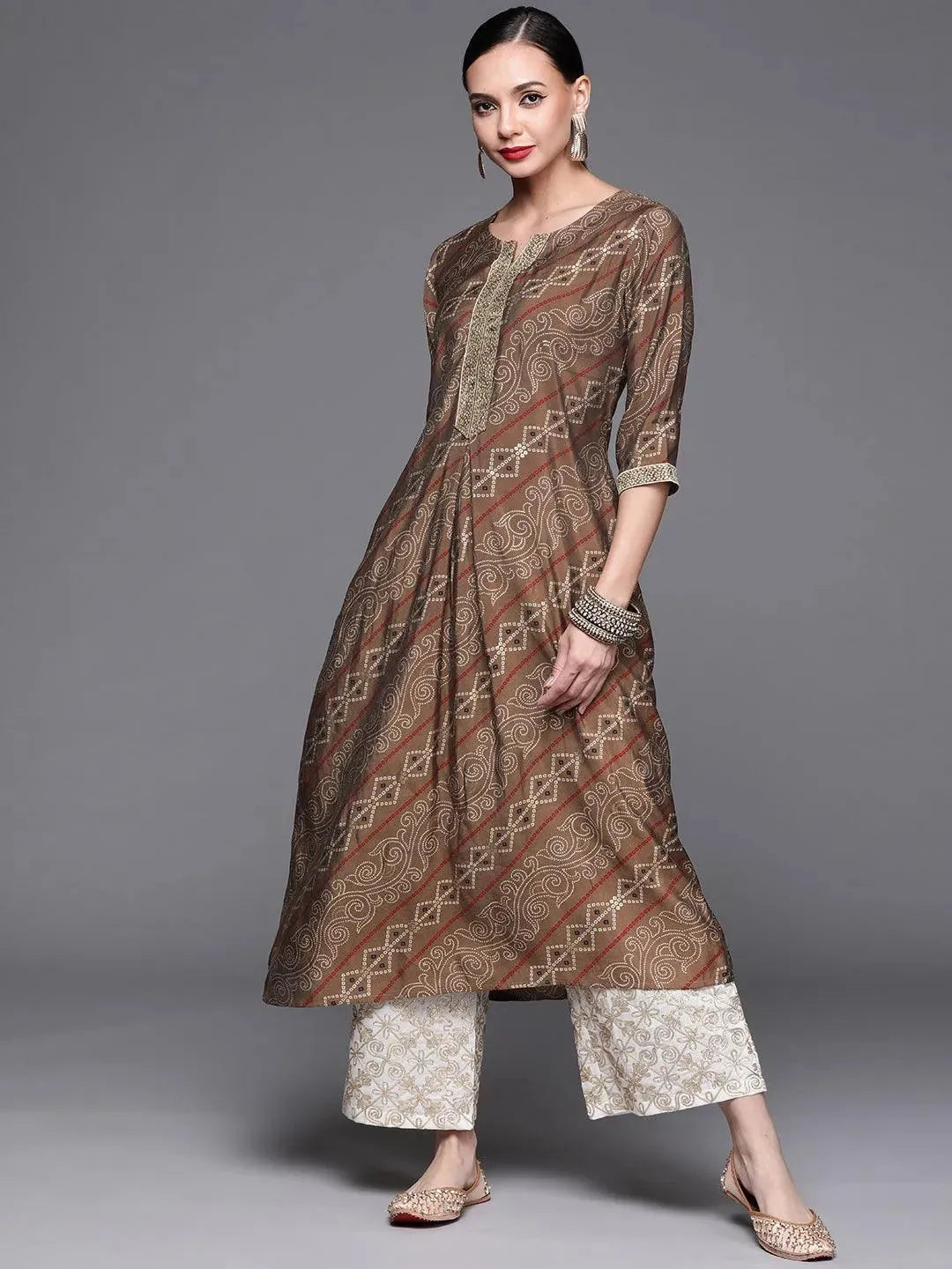 Brown Printed Chanderi Silk Kurta - Libas