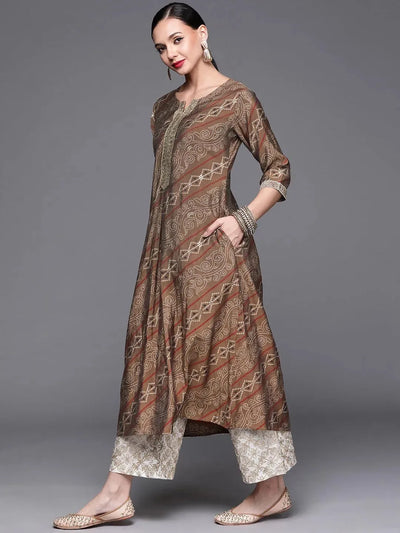 Brown Printed Chanderi Silk Kurta - Libas