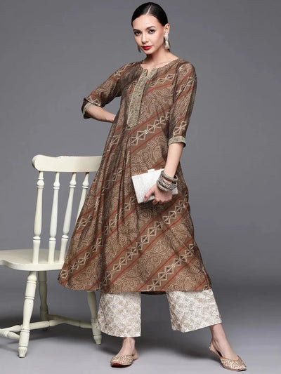 Brown Printed Chanderi Silk Kurta - Libas