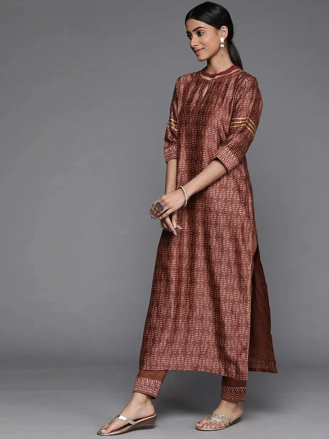 Brown Printed Chanderi Silk Suit Set - Libas 
