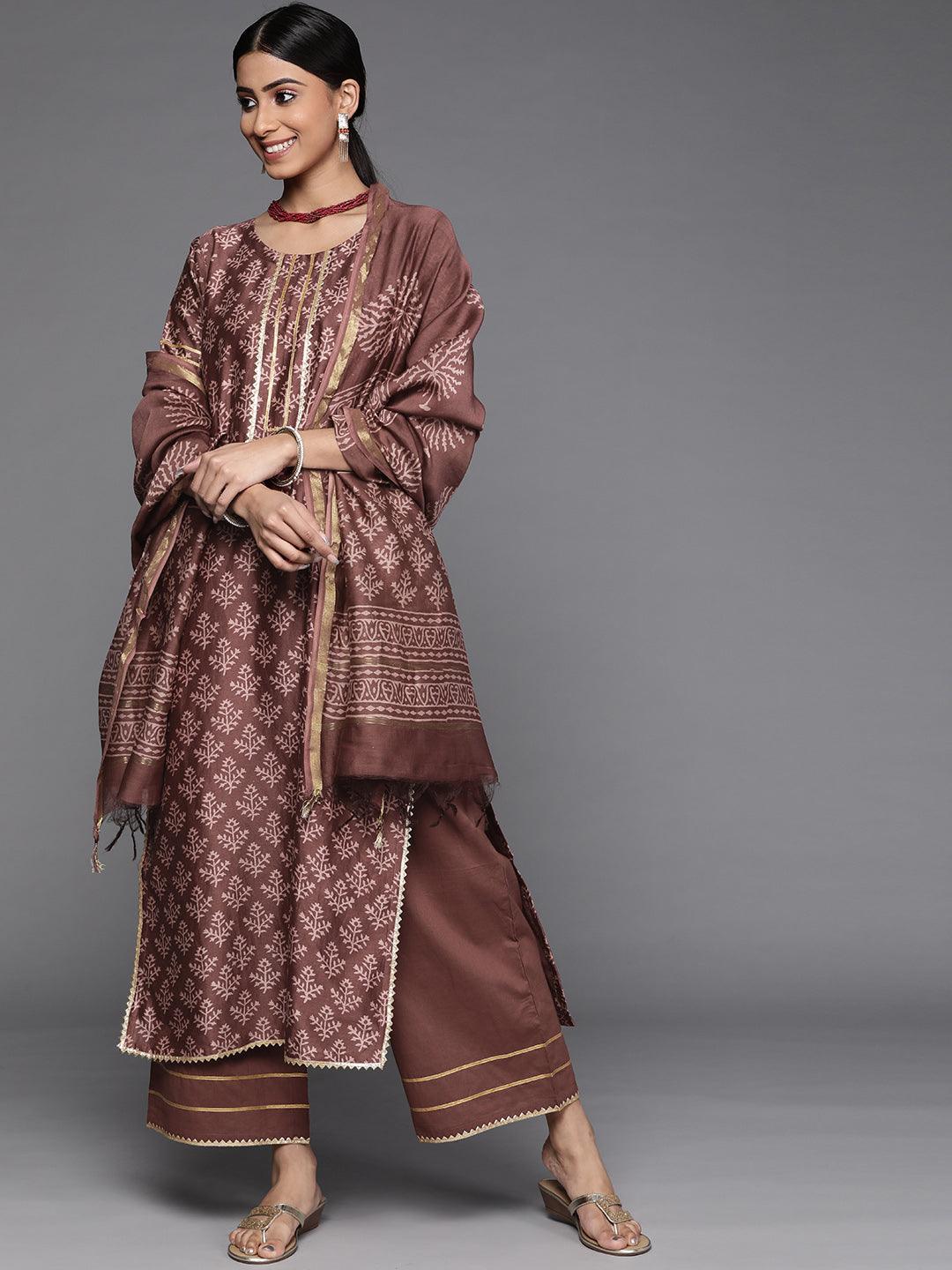 Brown Printed Chanderi Silk Suit Set - Libas