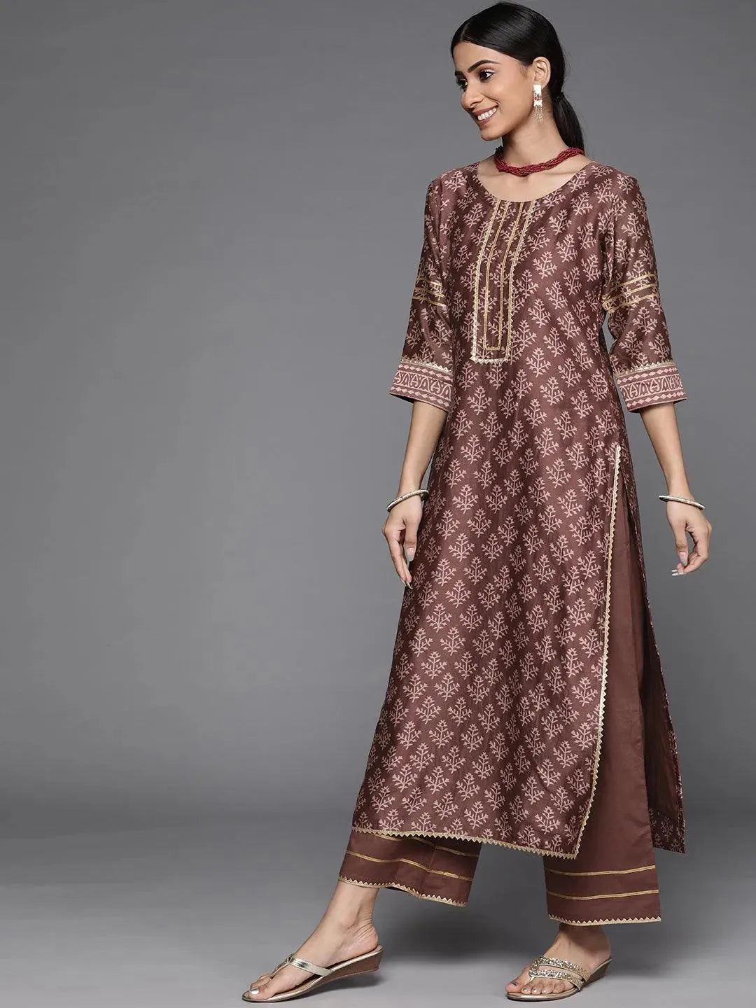 Brown Printed Chanderi Silk Suit Set - Libas