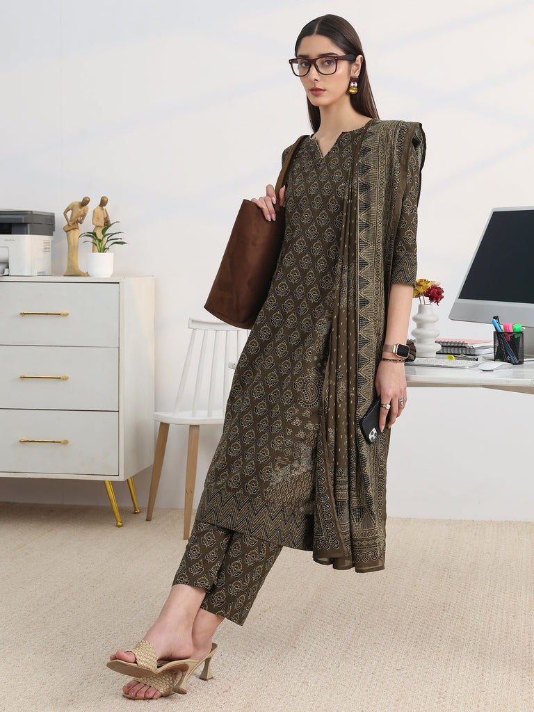 Gerua Brown Printed Cotton Blend A-Line Suit Set With Dupatta
