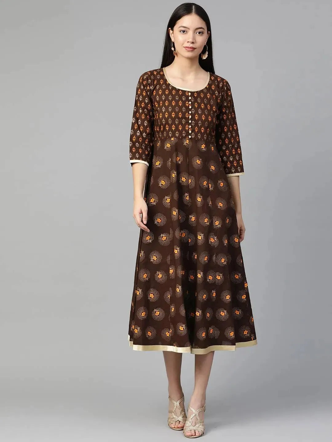 Brown Printed Cotton Dress - Libas