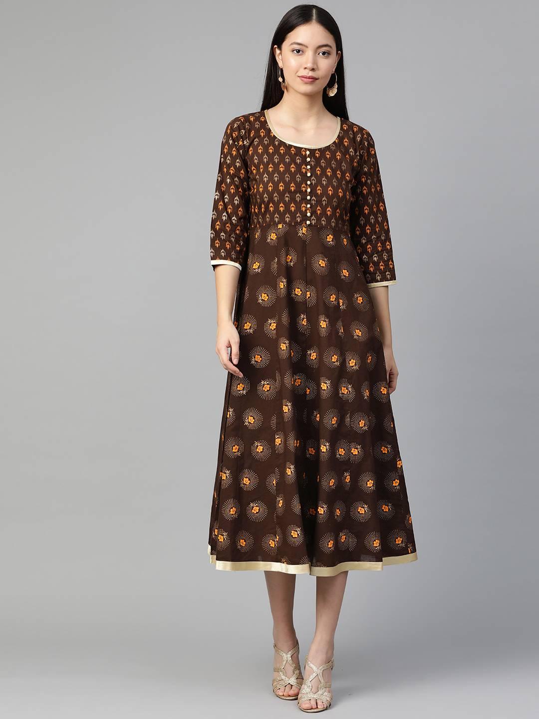Brown Printed Cotton Dress - Libas