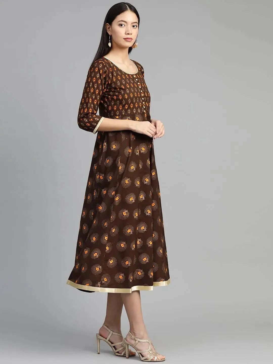 Brown Printed Cotton Dress - Libas