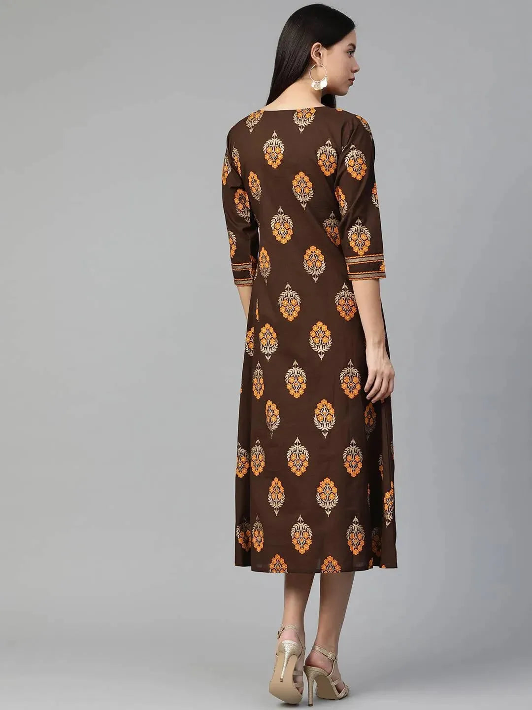 Brown Printed Cotton Dress - Libas 