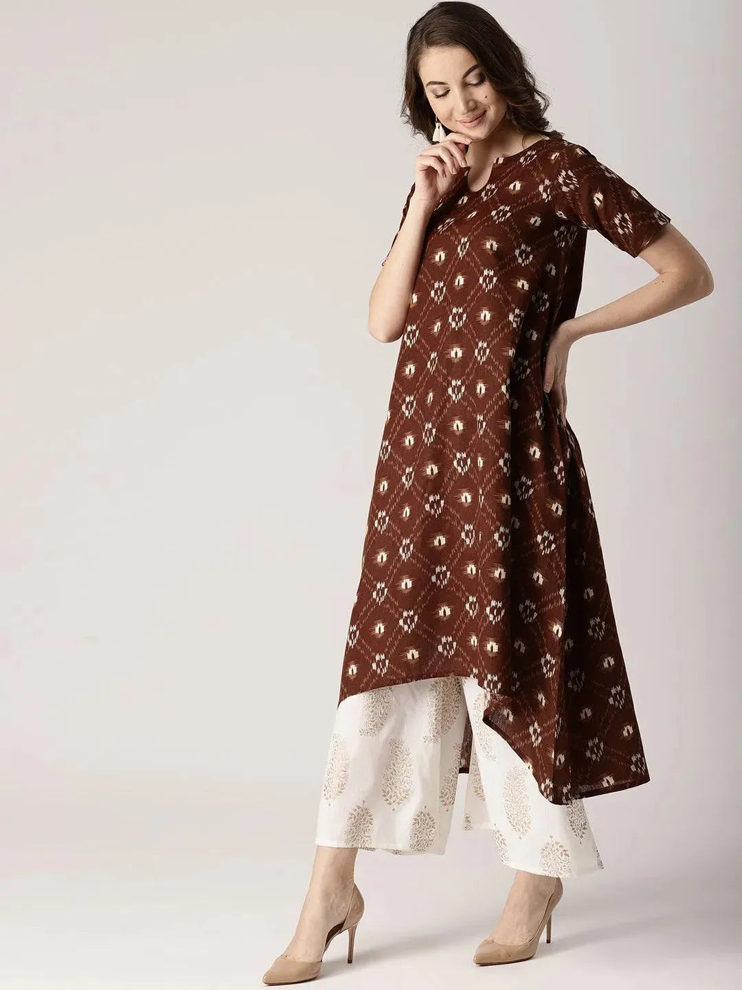 Brown Printed Cotton Kurta - Libas
