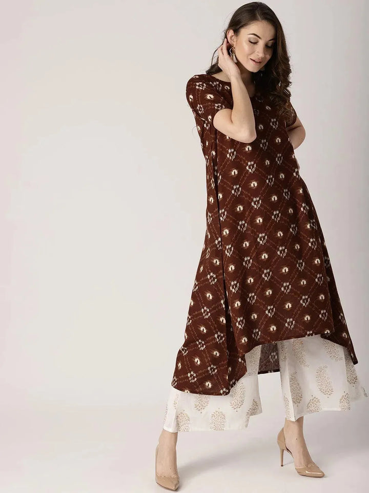 Brown Printed Cotton Kurta - Libas