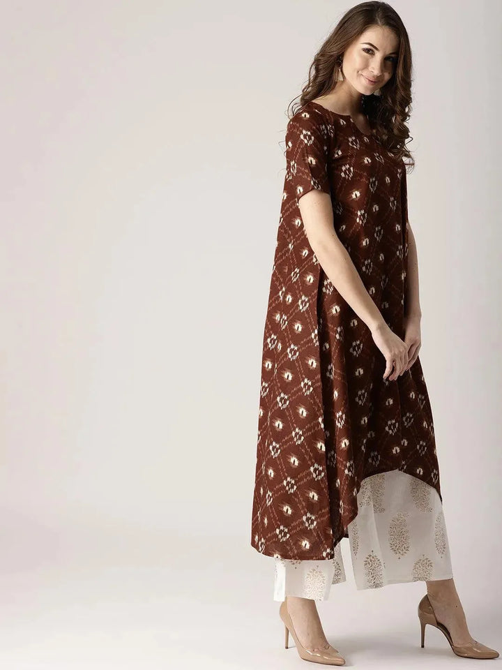 Brown Printed Cotton Kurta - Libas