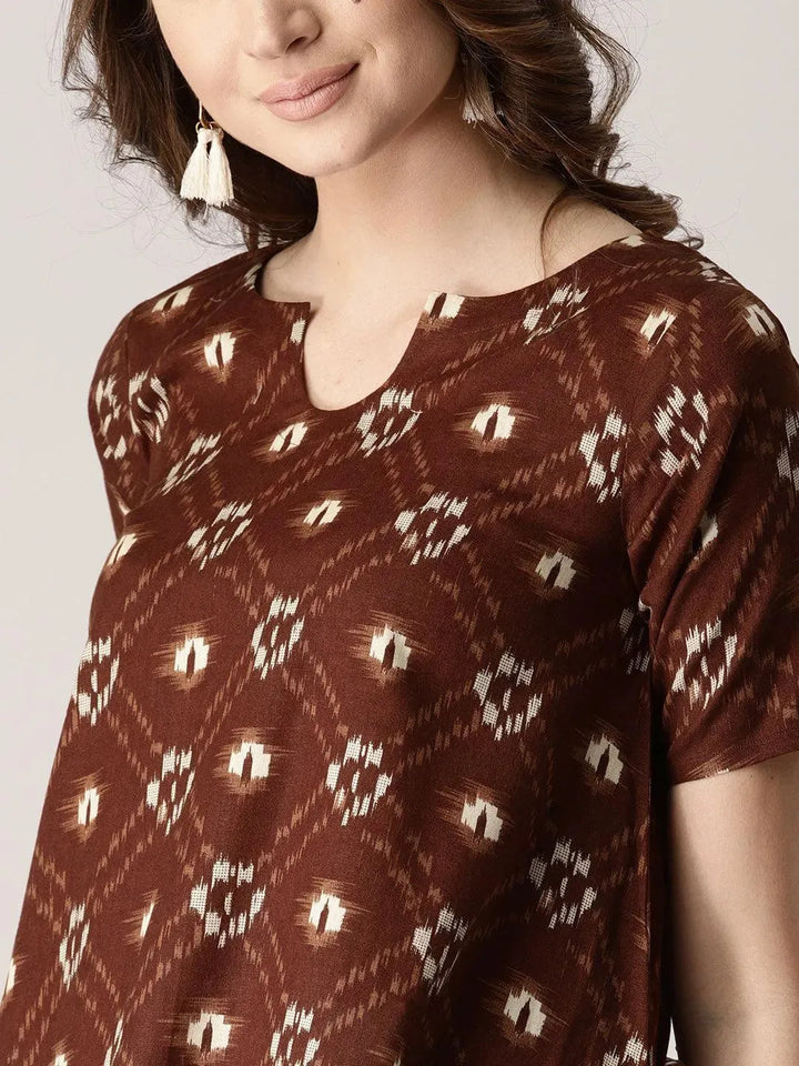Brown Printed Cotton Kurta - Libas