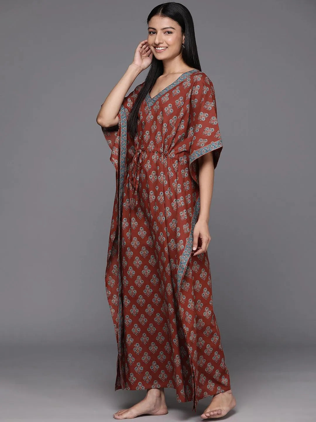 Brown Printed Cotton Night Dress - Libas