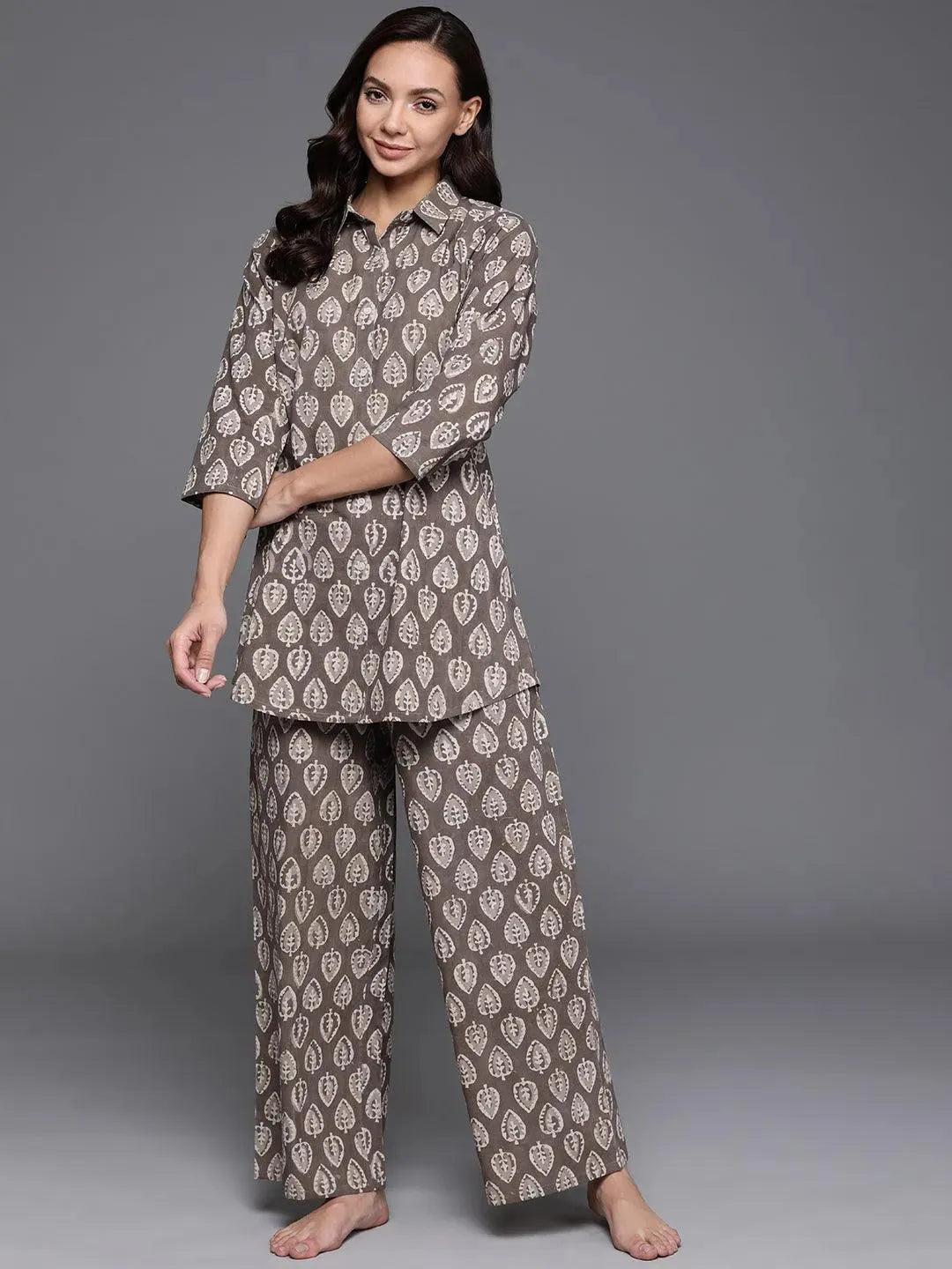Brown Printed Cotton Night Suit - Libas 