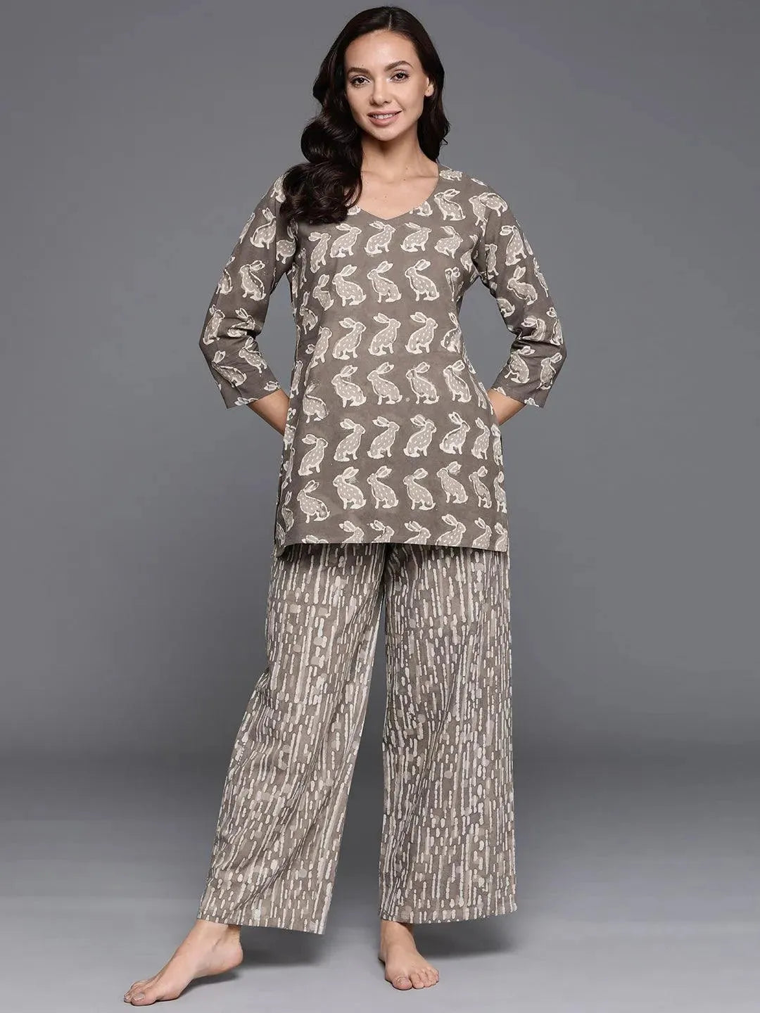 Brown Printed Cotton Night Suit - Libas