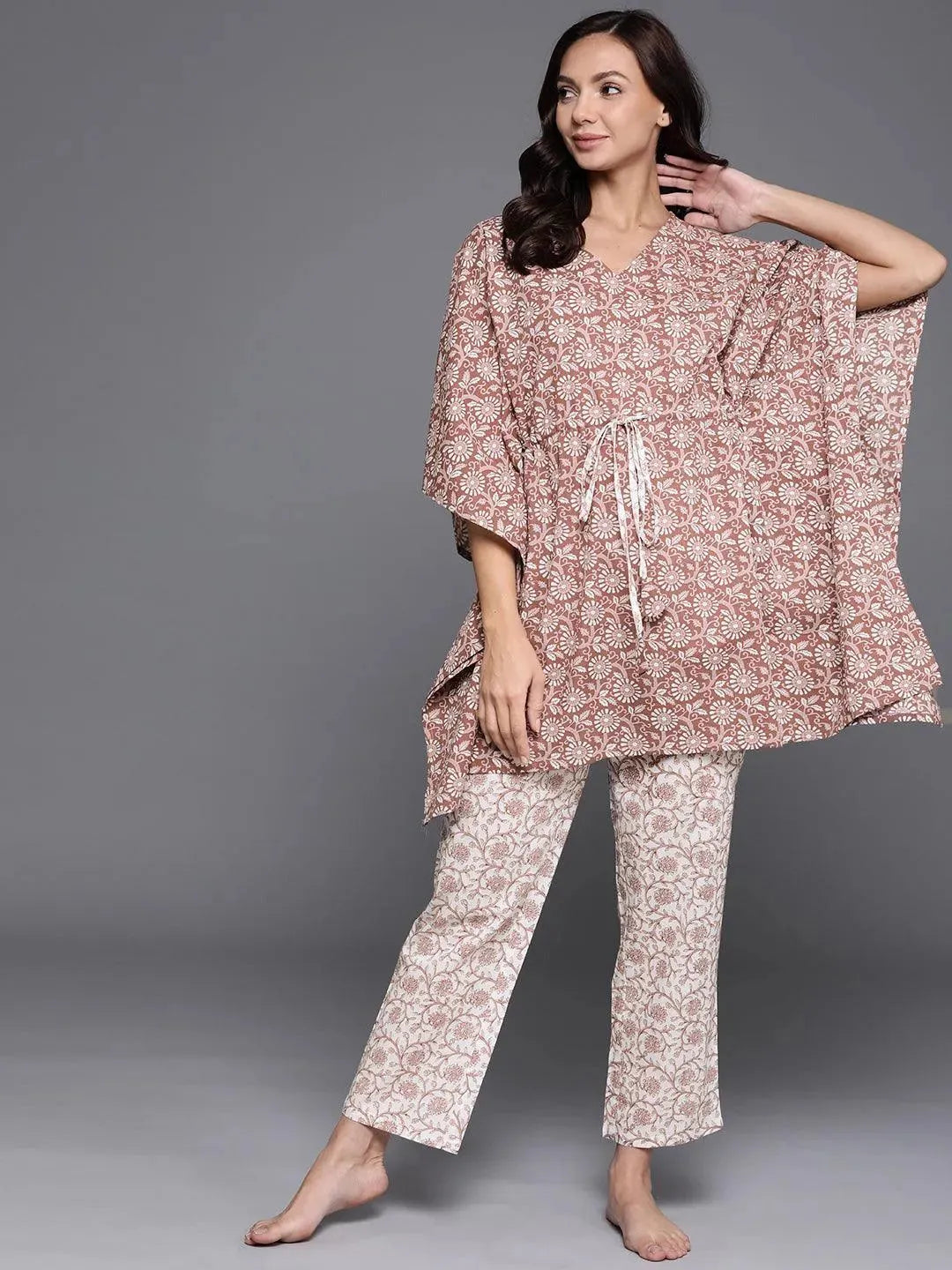 Brown Printed Cotton Night Suit - Libas