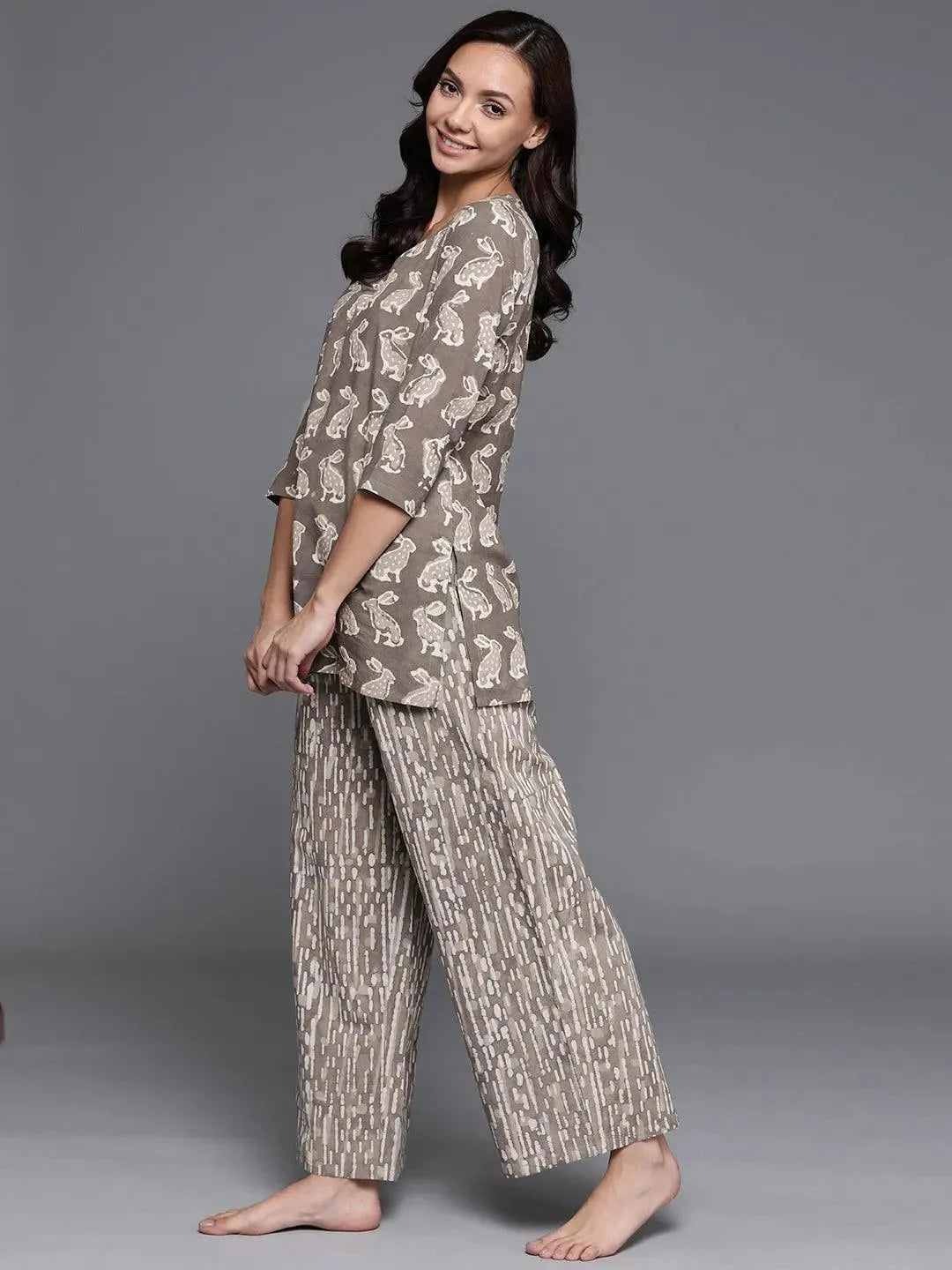 Brown Printed Cotton Night Suit - Libas 