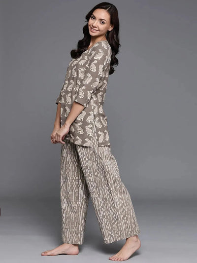 Brown Printed Cotton Night Suit - Libas