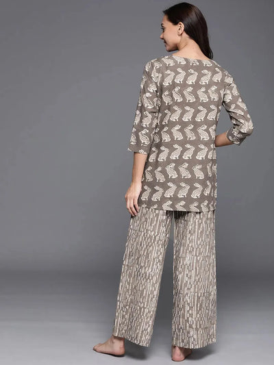 Brown Printed Cotton Night Suit - Libas