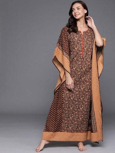 Brown Printed Cotton Nightdress - Libas