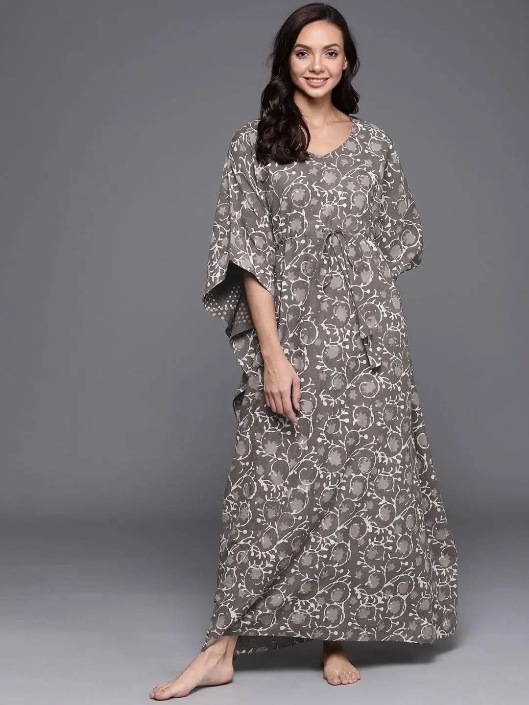 Brown Printed Cotton Nightdress - Libas 
