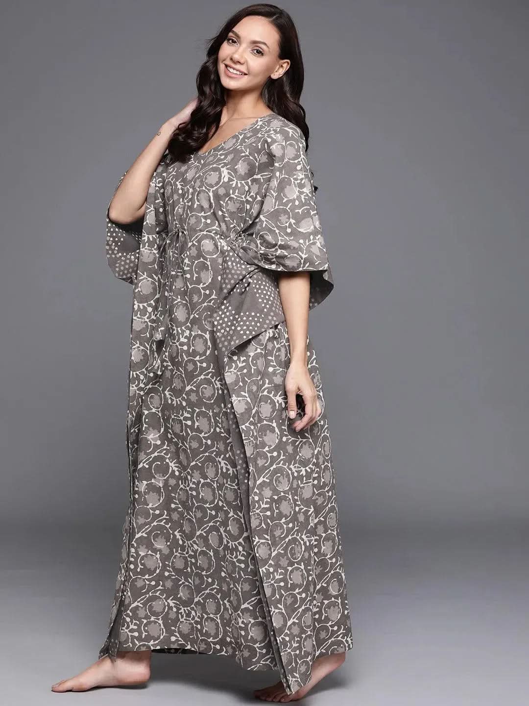 Brown Printed Cotton Nightdress - Libas 