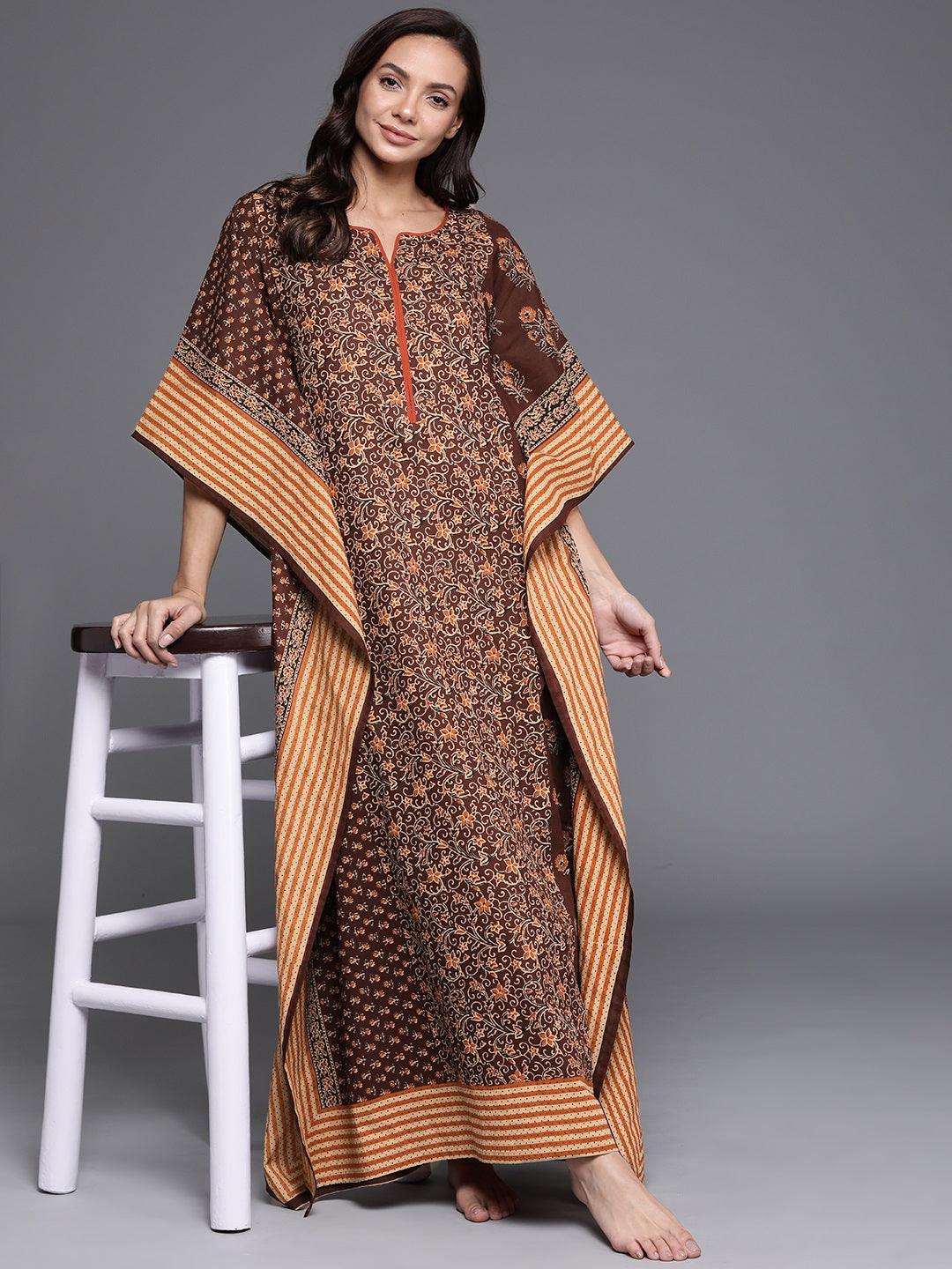 Brown Printed Cotton Nightdress - Libas