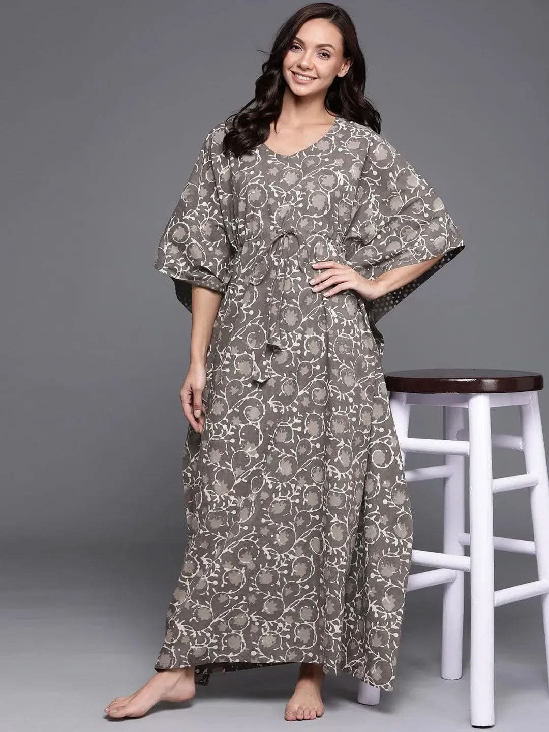 Brown Printed Cotton Nightdress - Libas 