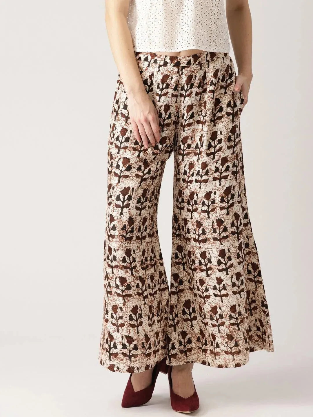 Brown Printed Cotton Palazzos - Libas