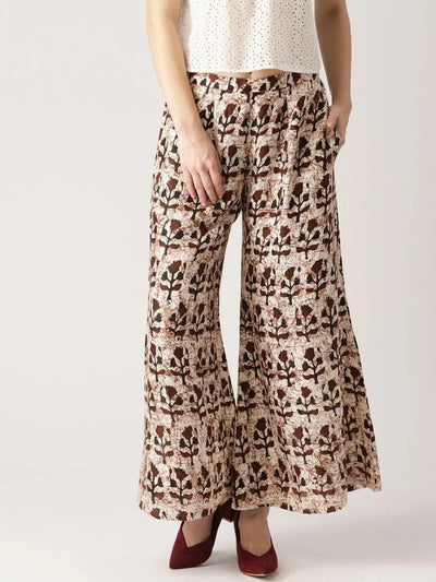 Brown Printed Cotton Palazzos - Libas