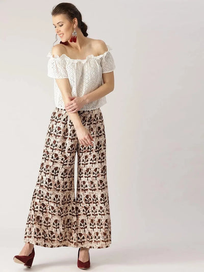 Brown Printed Cotton Palazzos - Libas