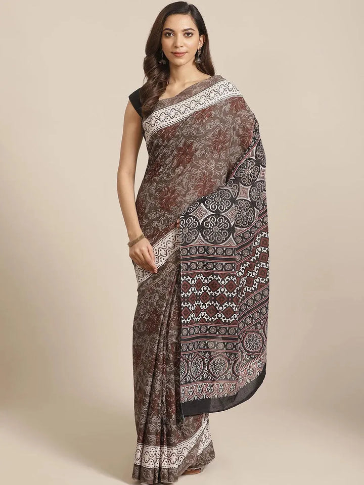 Brown Printed Cotton Saree - Libas