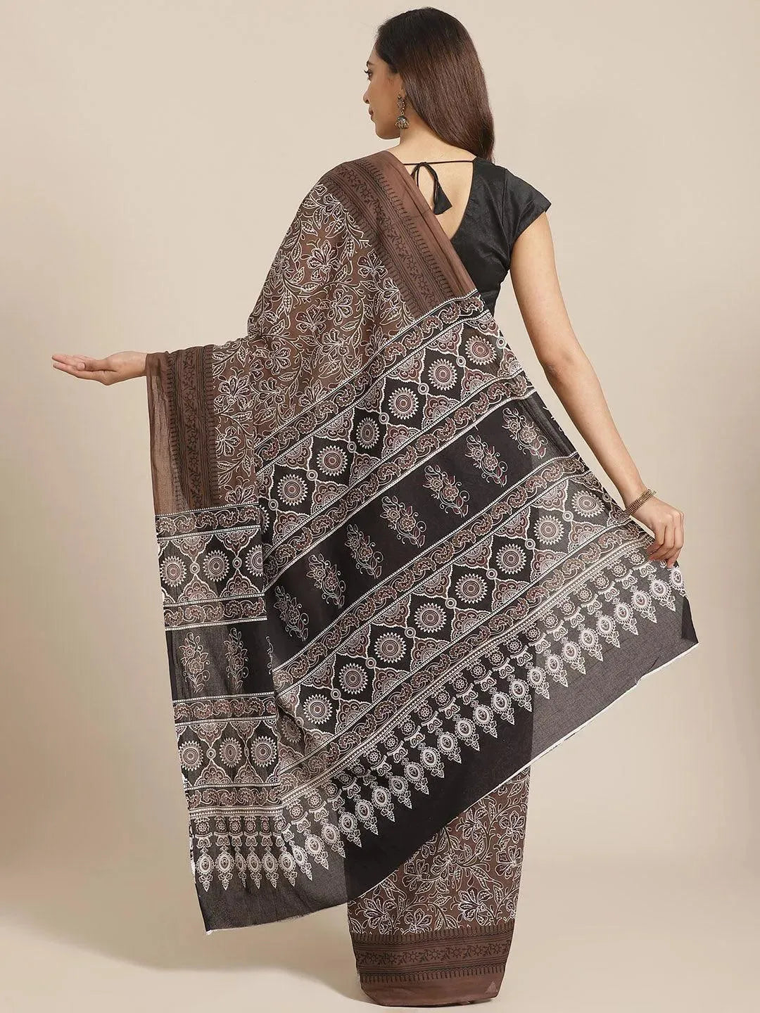 Brown Printed Cotton Saree - Libas