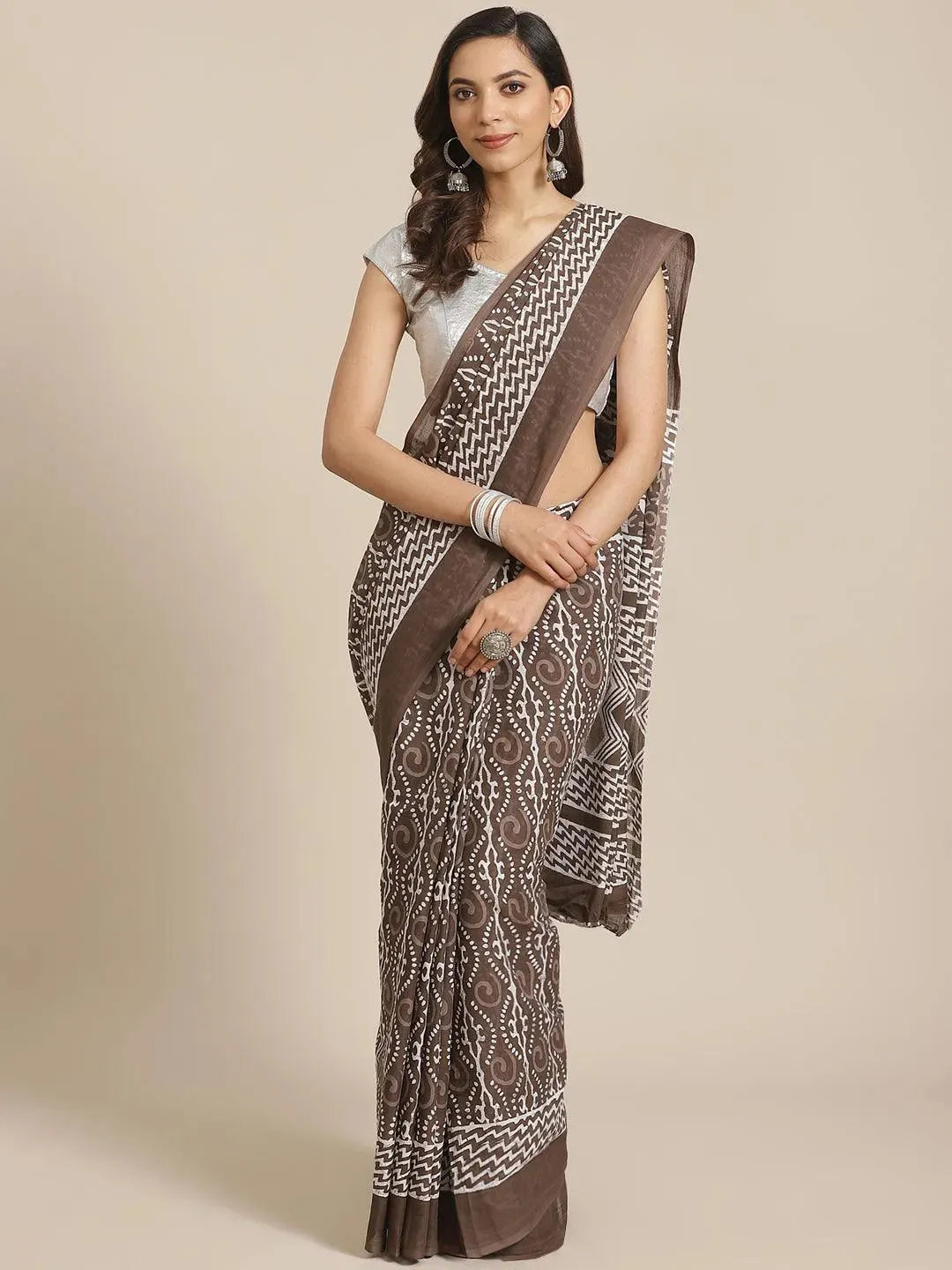 Brown Printed Cotton Saree - Libas