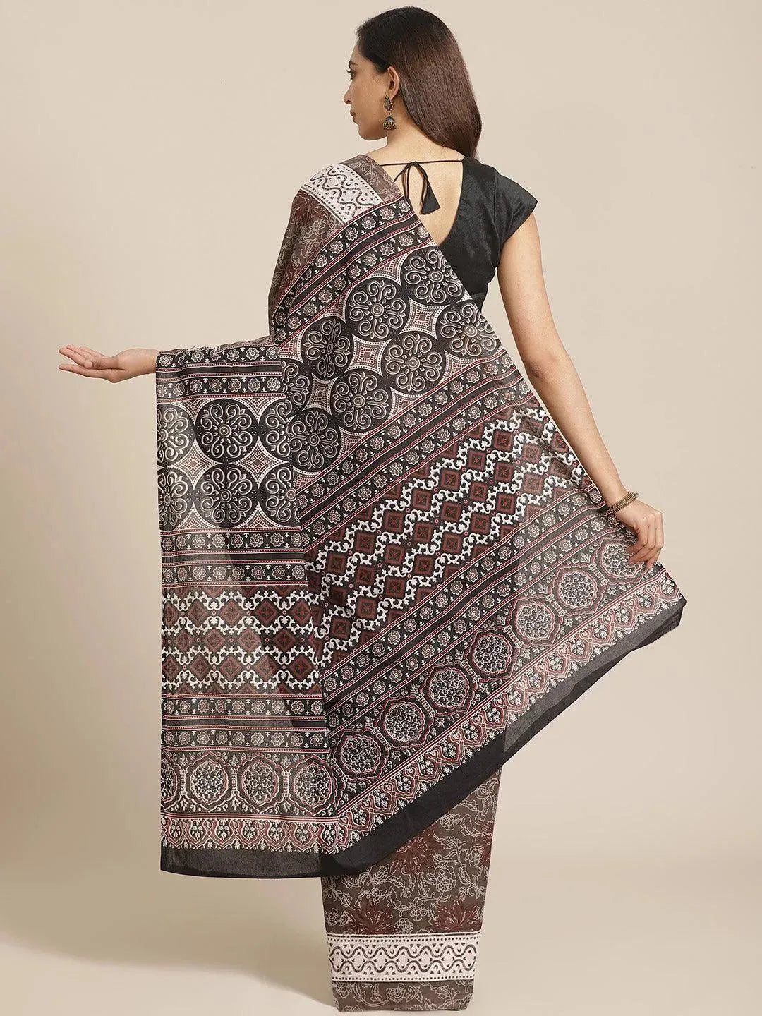 Brown Printed Cotton Saree - Libas