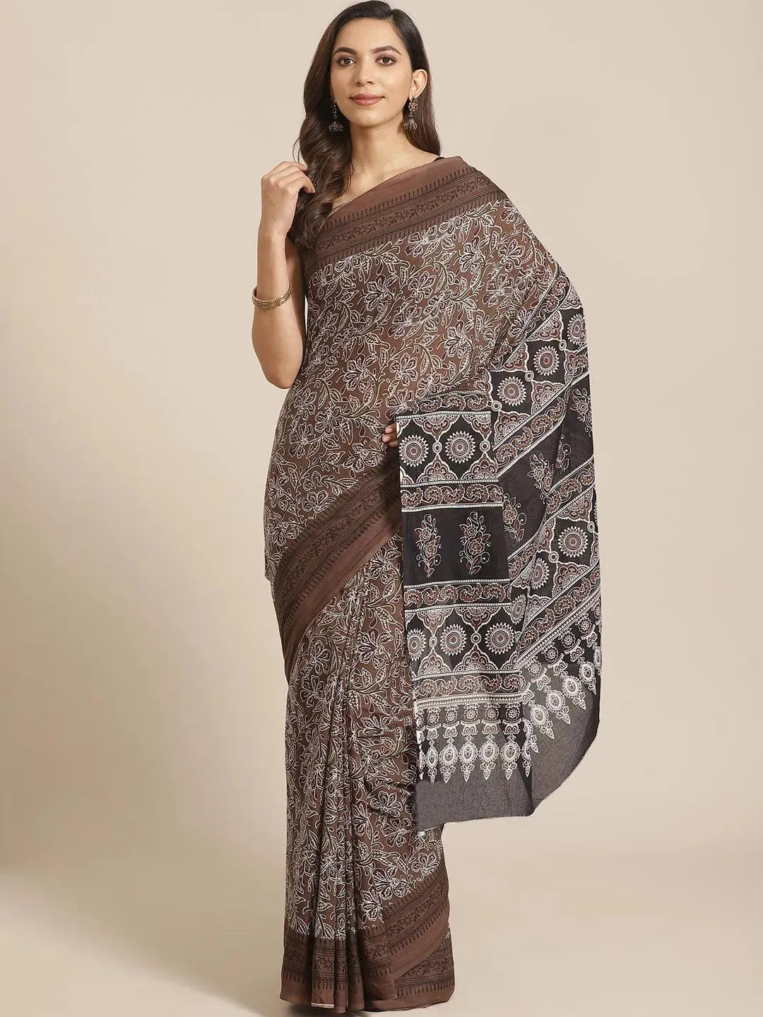 Brown Printed Cotton Saree - Libas