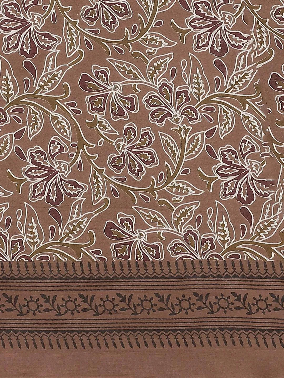 Brown Printed Cotton Saree - Libas 