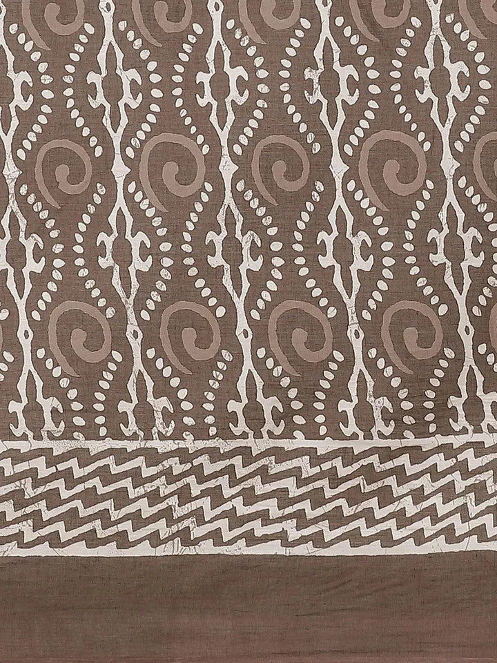 Brown Printed Cotton Saree - Libas