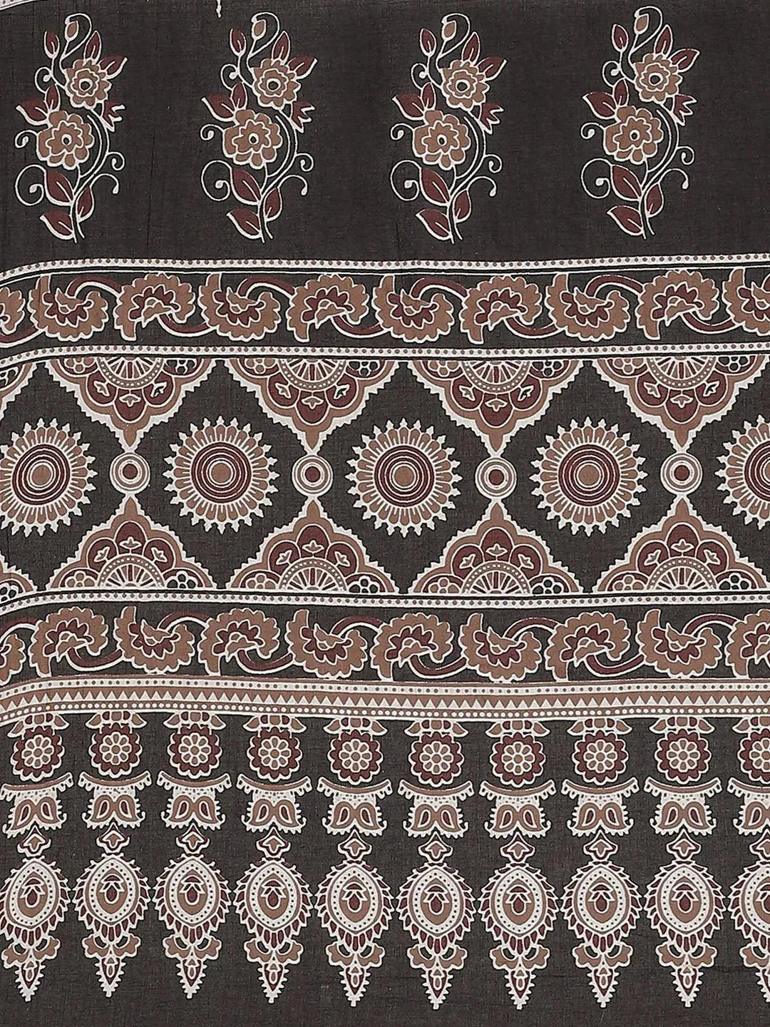 Brown Printed Cotton Saree - Libas 