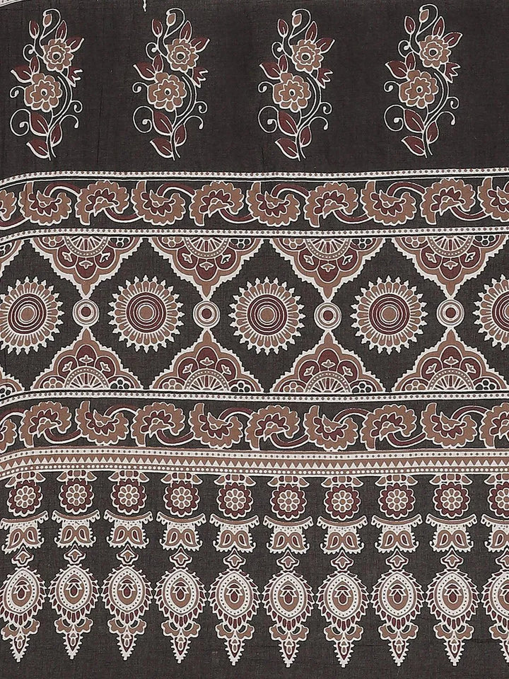 Brown Printed Cotton Saree - Libas