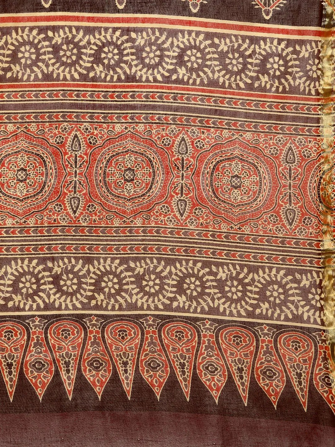Brown Printed Cotton Saree - Libas 