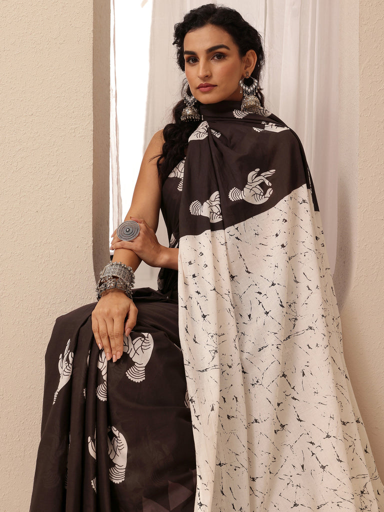 Libas Brown Printed Cotton Saree With Unstitched Blouse Piece