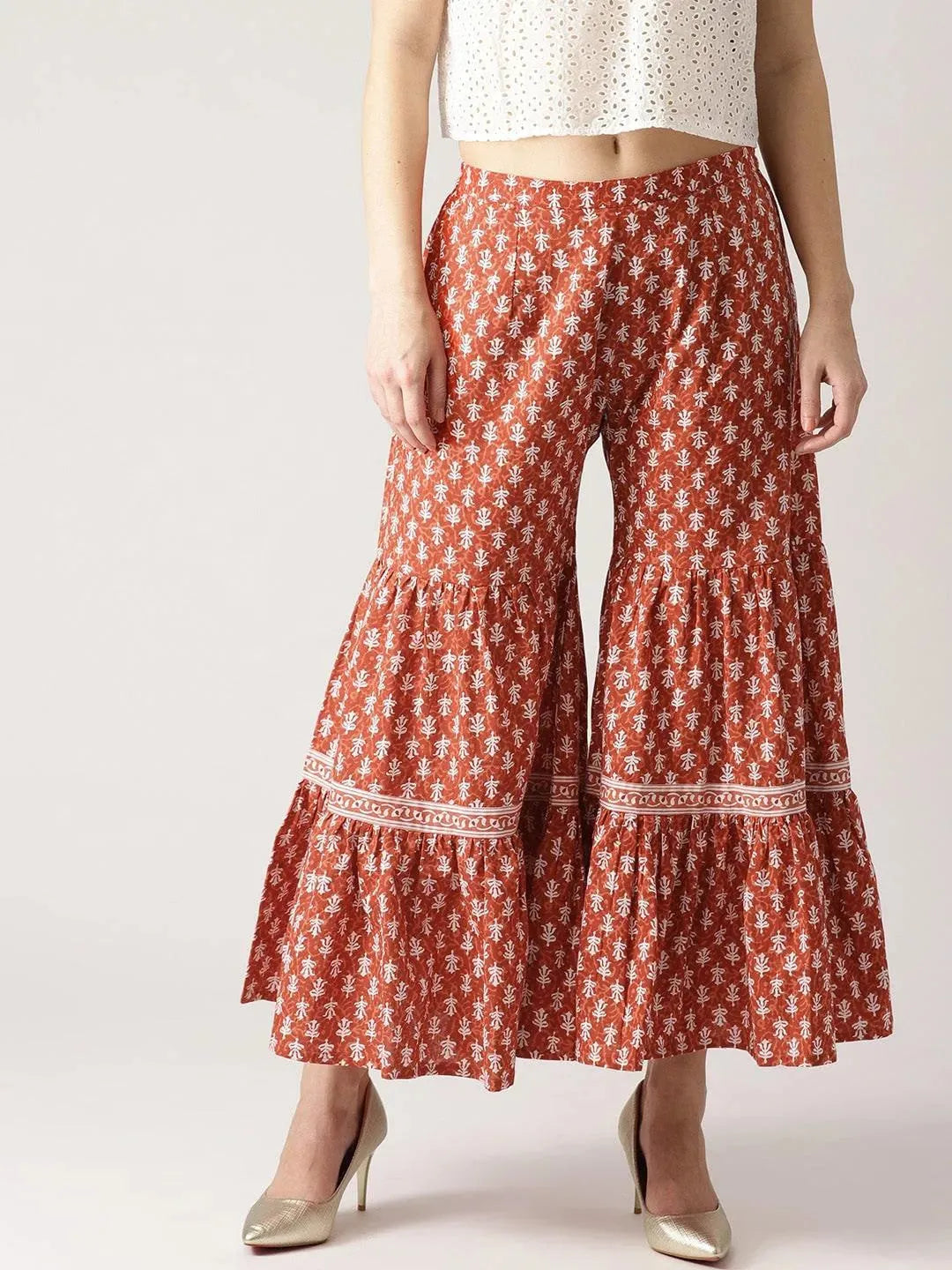 Brown Printed Cotton Sharara Pants - Libas