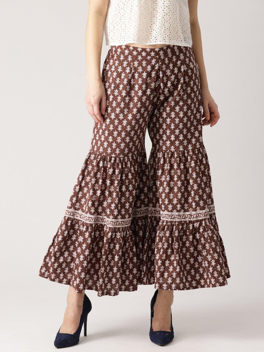 Brown Printed Cotton Sharara Pants