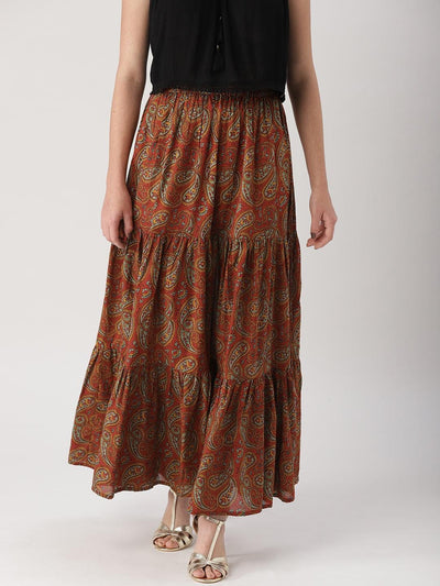 Brown Printed Cotton Skirts - Libas